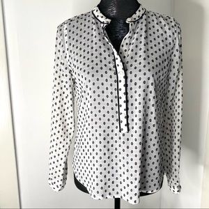 LOFT Black White Swiss Dot Chiffon Blouse Trim Detail Semi Sheer